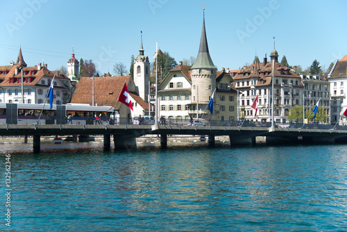 View of Lucerne lake and town with Swiss alps from a ferry, Switzerland - April, 2016 © Sarawoot