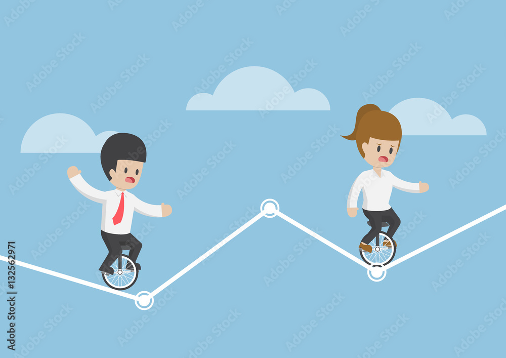 Businessman riding a unicycle and trying to balance on a graph Businessman riding a unicycle and trying to balance on a graph