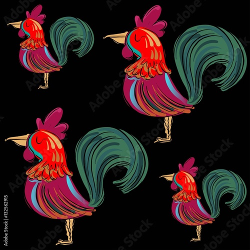Drawn roosters on a black