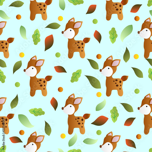 seamless pattern with toy baby deer and green leaves on a turquoise  background 