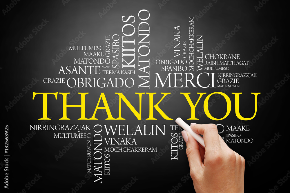 Hand writing Thank You Word Cloud in many languages on blackboard, presentation background Hand writing Thank You Word Cloud in many languages on blackboard, presentation background