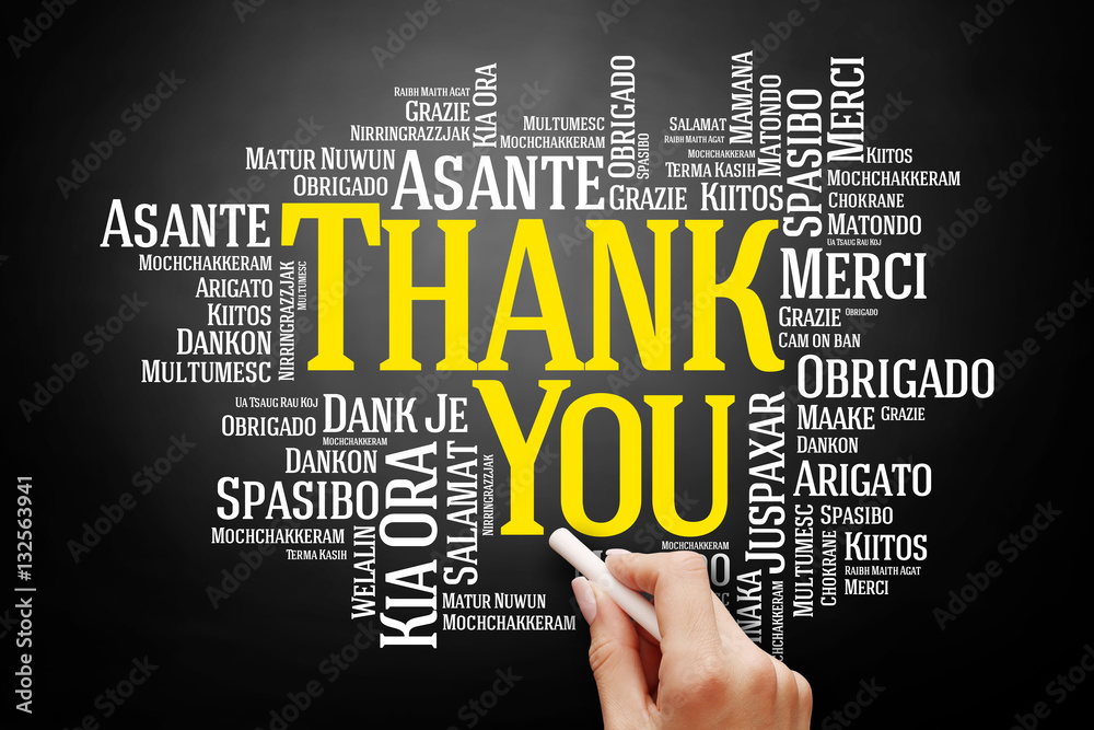 Hand writing Thank You Word Cloud in many languages on blackboard, presentation background Hand writing Thank You Word Cloud in many languages on blackboard, presentation background