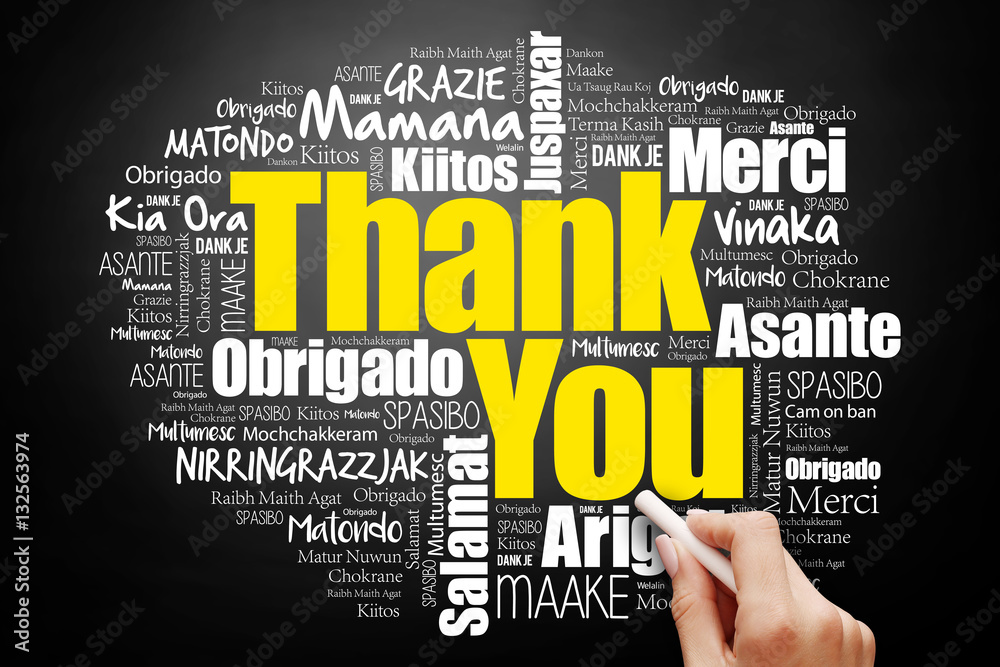 Hand writing Thank You Word Cloud in many languages on blackboard, presentation background Hand writing Thank You Word Cloud in many languages on blackboard, presentation background