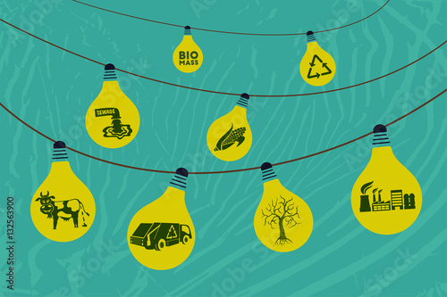 Save environment and green energy concept. Alternative way of producing electricity using biomass technology to light up the bulb.
