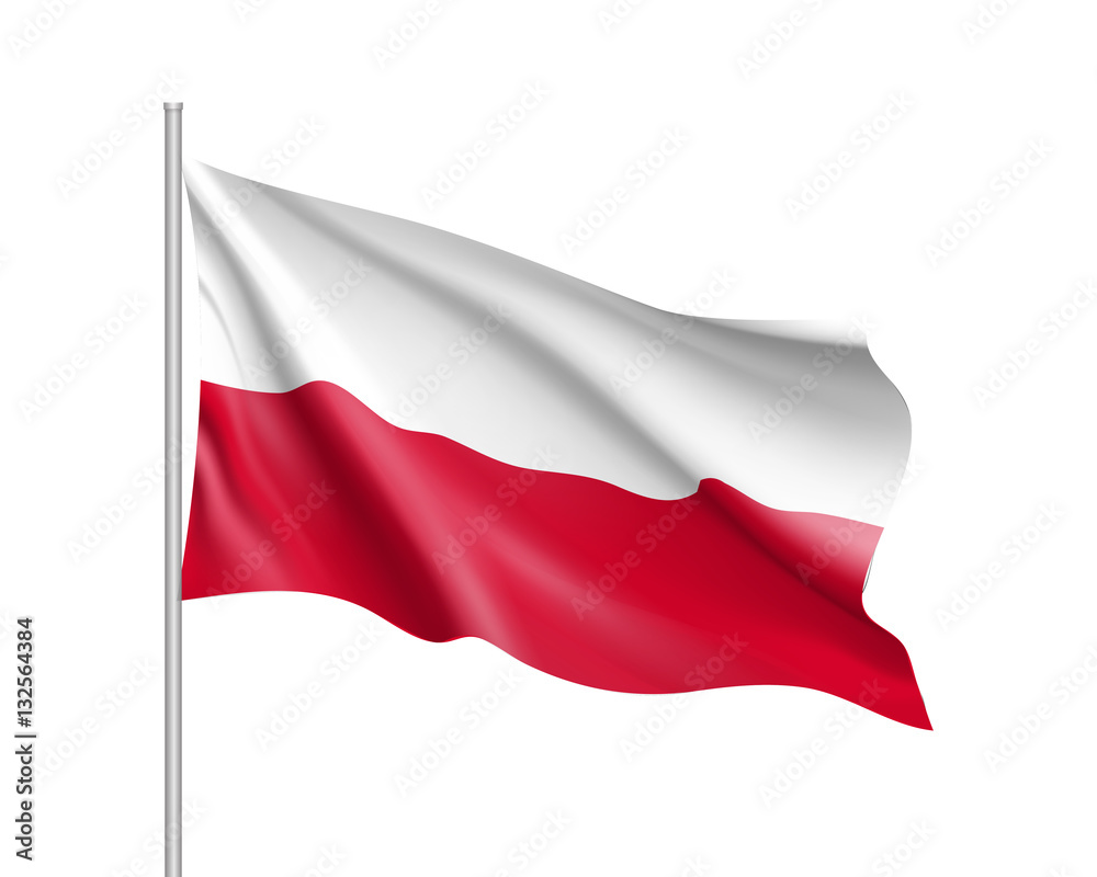 Waving flag of Poland state. Illustration of European country flag on flagpole with red and white colors. Vector 3d icon isolated on white background Waving flag of Poland state. Illustration of European country flag on flagpole with red and white colors. Vector 3d icon isolated on white background