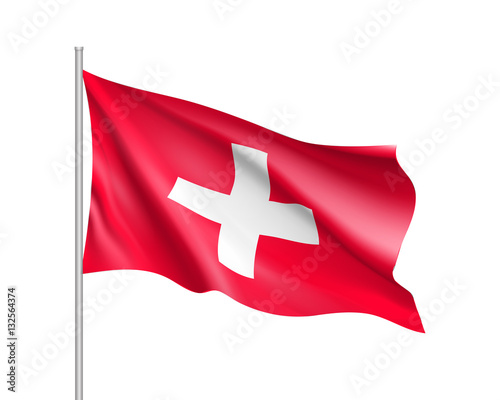 Waving flag of Switzerland state. Illustration of European country flag on flagpole with red and white colors. Vector 3d icon isolated on white background