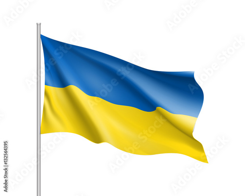 Vector template of Ukraine flag on metallic pole. Waving flag of Ukrainian on flagstaff- country symbol. Isolated illustration on white background. 3d icons with blue and yellow colors.