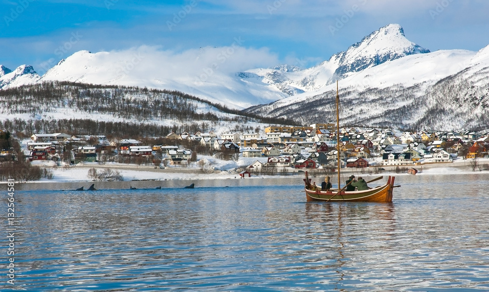 Viking old sailboat,Tromso,whales