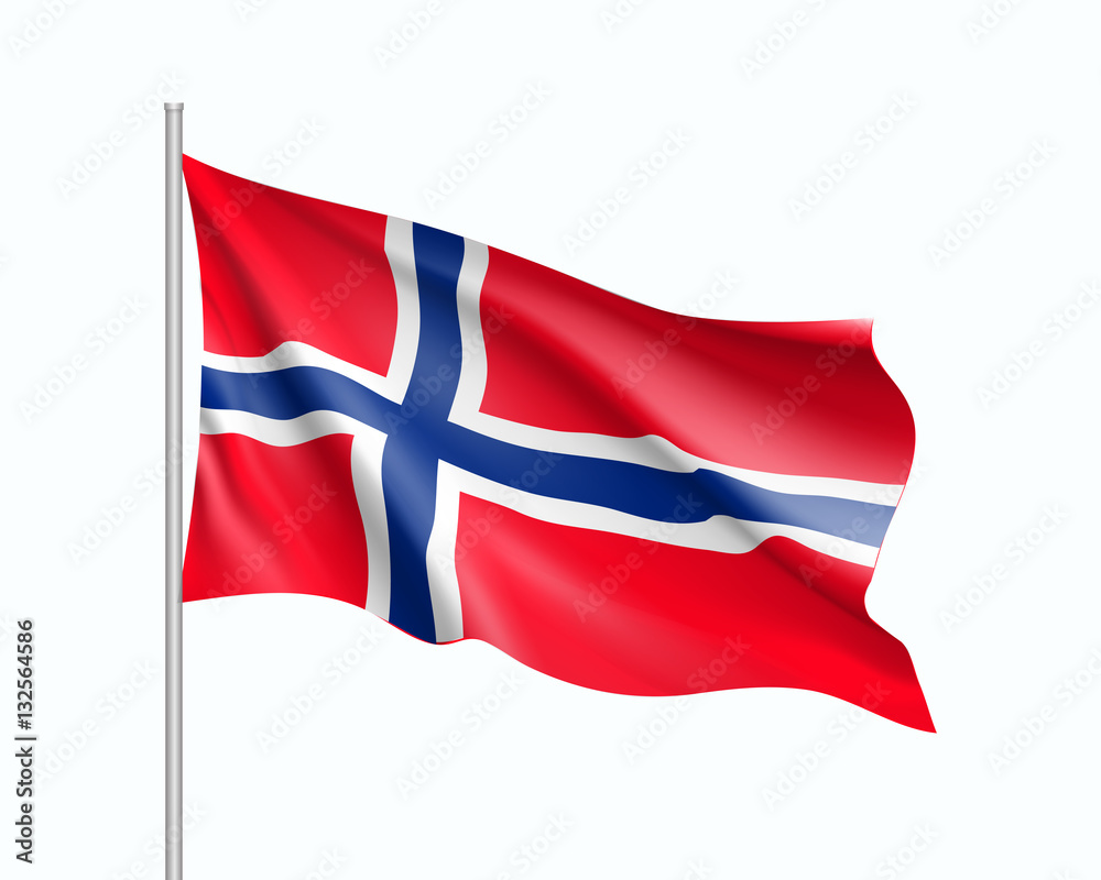 Fototapeta premium Waving flag of Norway state. Illustration of European country flag on flagpole. Vector 3d icon isolated on white background