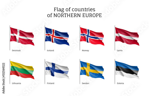 Set of flags of Northern Europe countries. States ensigns on flagpole: Estonia and Norway, Latvia and Lithuania, Iceland and Finland, Sweden and Denmark. Vector icons isolated on white background.