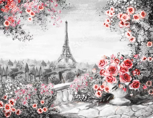 Obraz Obraz olejny, lato w Paryżu. łagodny krajobraz miasta. kwiat róży i liści. Widok z góry na balkon. Wieża Eiffla, Francja, tapeta. Sztuka współczesna. Czarny, biały i czerwony
