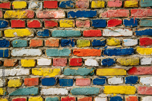 Multicolored painted bricks, exterior wall as background