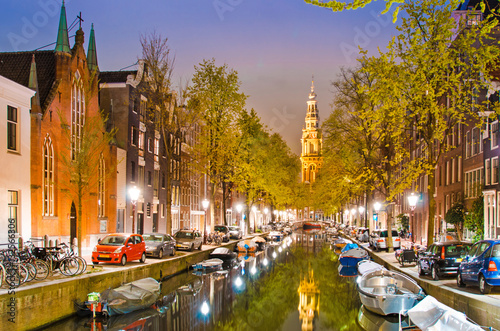 Magic night landscape in Amsterdam, Netherlands, Europe with boa