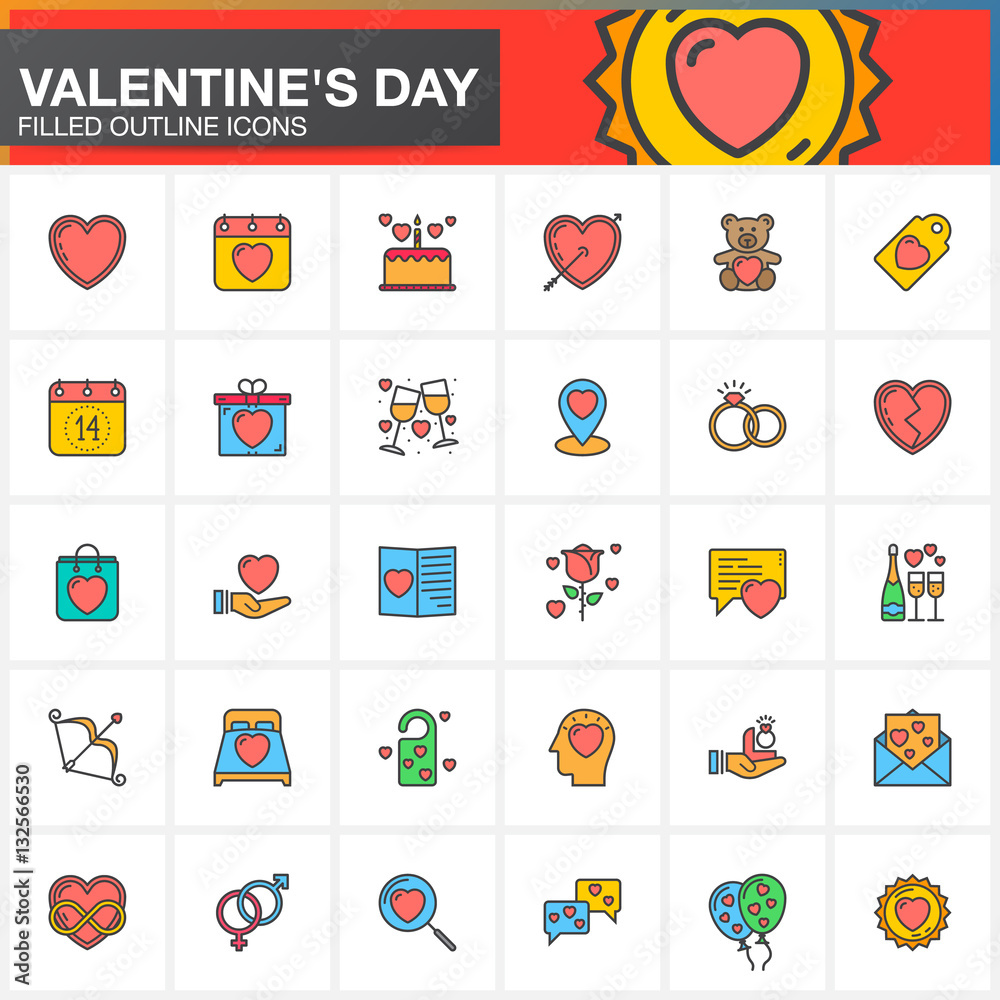 Valentine's Day line icons set, filled outline vector symbol collection, linear colorful pictogram pack isolated on white. Love signs, logo illustration