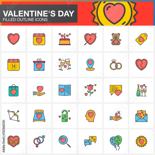 Valentine's Day line icons set, filled outline vector symbol collection, linear colorful pictogram pack isolated on white. Love signs, logo illustration