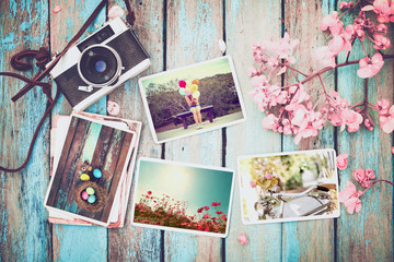 Photo album in remembrance and nostalgia of Happy easter day in spring on wood table. instant photo of vintage camera - vintage and retro style