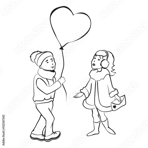 love, 14.02, heart, boy, girl,illustration, Roman, balloon, Valentine's day, white, black outline,vector, card, banner, greeting card, happiness, gift
