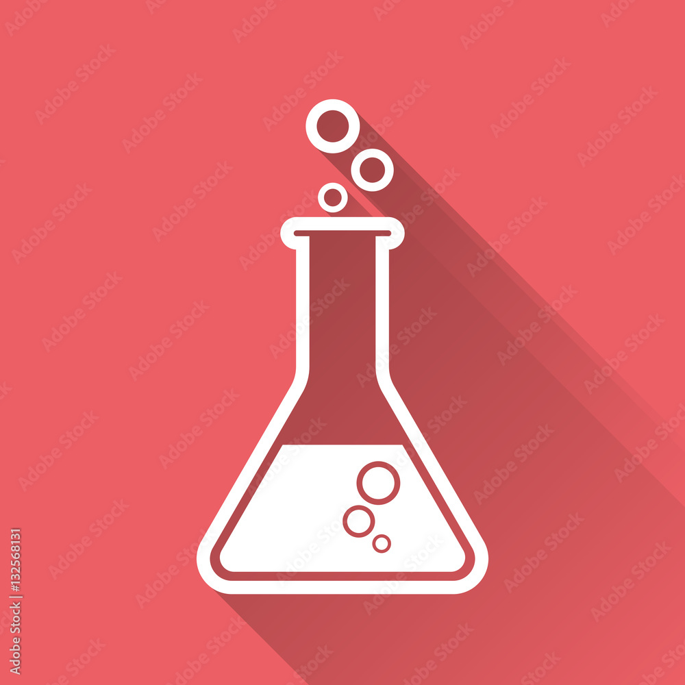 Chemical test tube pictogram icon. Laboratory glassware or beaker equipment isolated on red background with long shadow. Experiment flasks. Trendy modern vector symbol. Simple flat illustration Chemical test tube pictogram icon. Laboratory glassware or beaker equipment isolated on red background with long shadow. Experiment flasks. Trendy modern vector symbol. Simple flat illustration