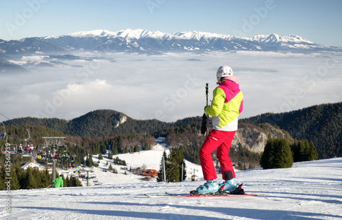 Skier on the slope at resort Malino Brdo, Slovakia