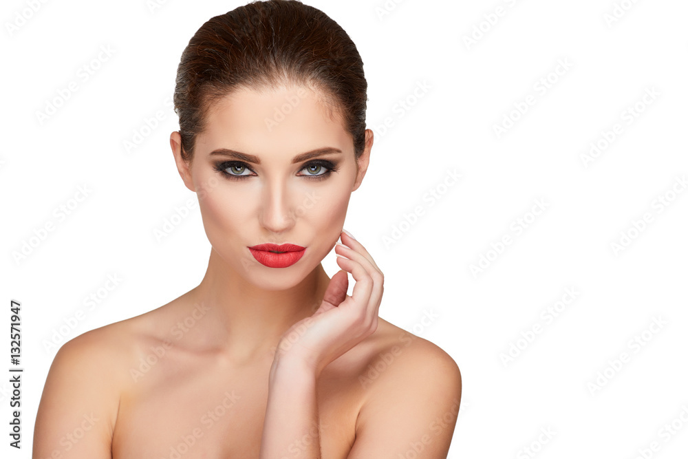Beautiful woman face close up portrait young studio on white Beautiful woman face close up portrait young studio on white