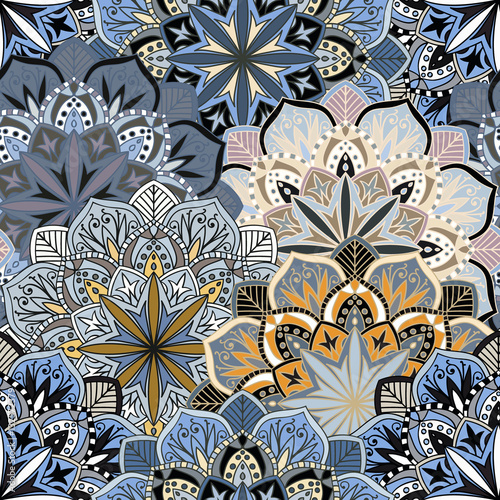 Seamless round ornament pattern for printing on fabric or paper. Hand drawn background. Elements for your design.
