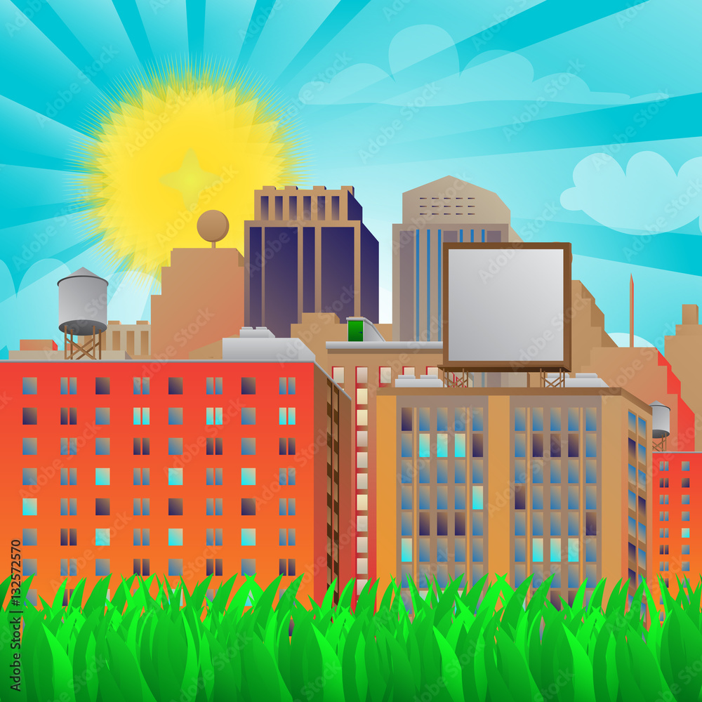 Vector illustrated city in sunny background with grass.