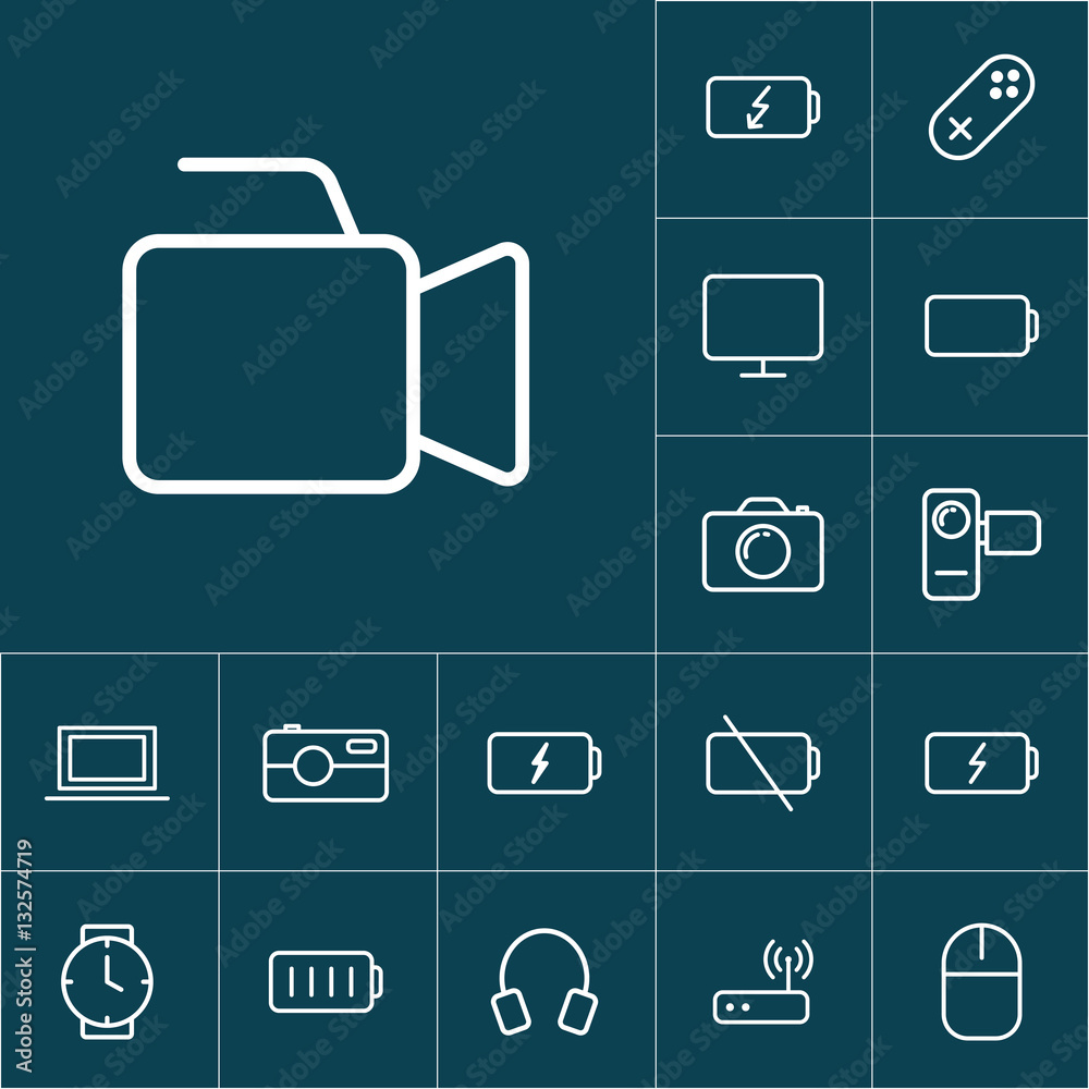 thin line video production camera icon on blue background, gadge thin line video production camera icon on blue background, gadge