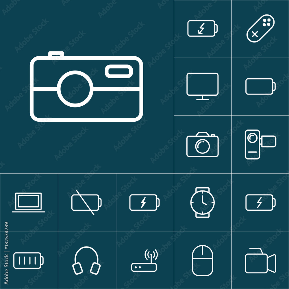 thin line camera icon on blue background, gadgets set thin line camera icon on blue background, gadgets set