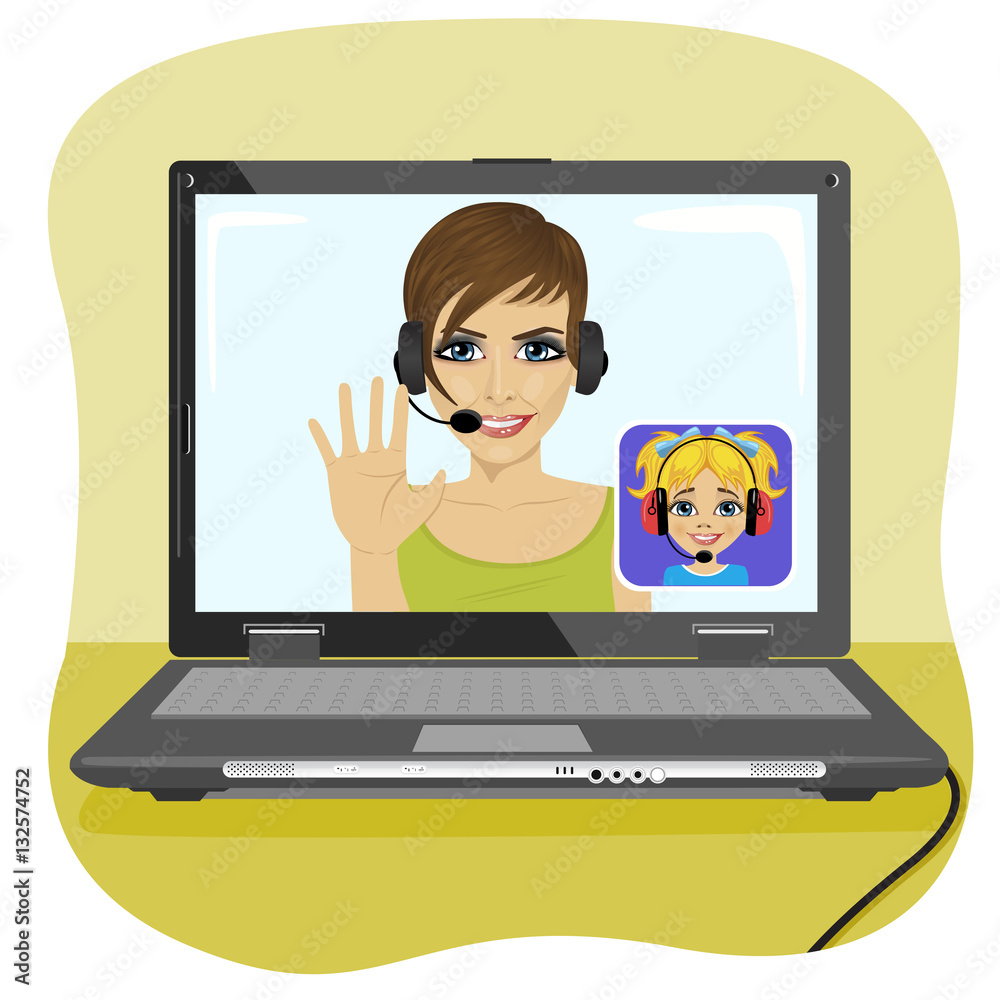 Young mom chatting with her daughter via internet. Video call and chat concept. Modern communication technology. Young mom chatting with her daughter via internet. Video call and chat concept. Modern communication technology.