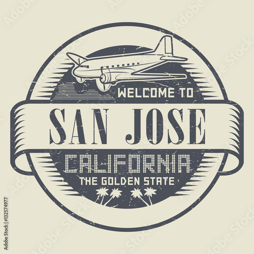 Stamp with airplane and text Welcome to California, San Jose
