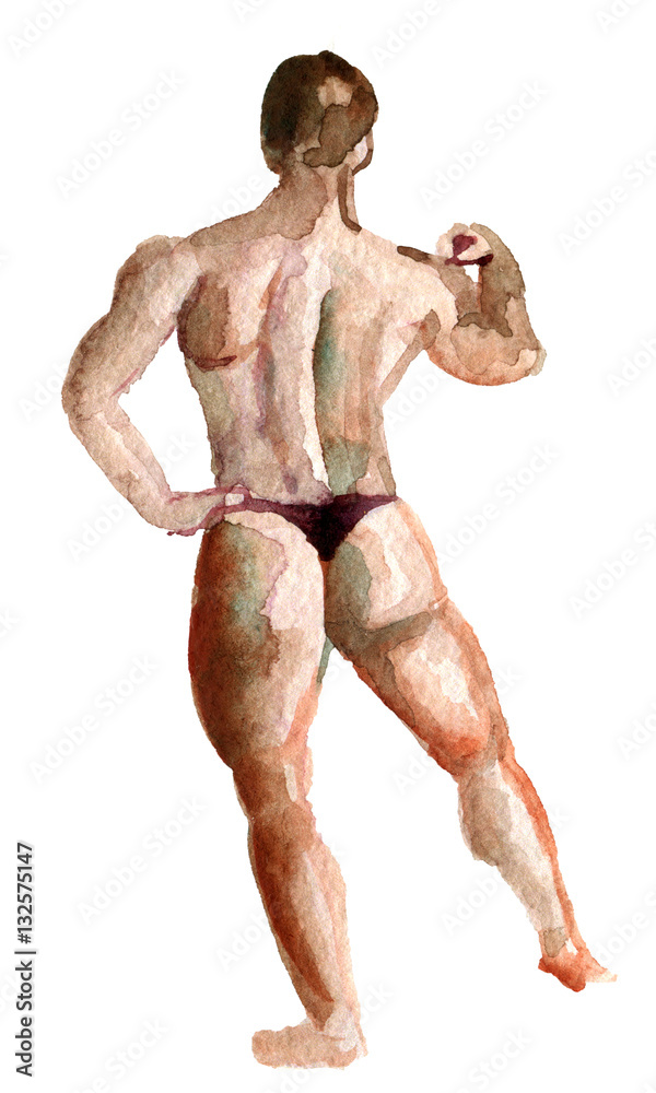 watercolor sketch of muscular athletic bodybuilder fitness model on the white background watercolor sketch of muscular athletic bodybuilder fitness model on the white background
