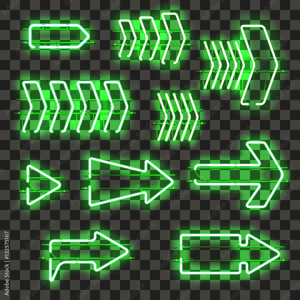 Set of glowing green neon arrows