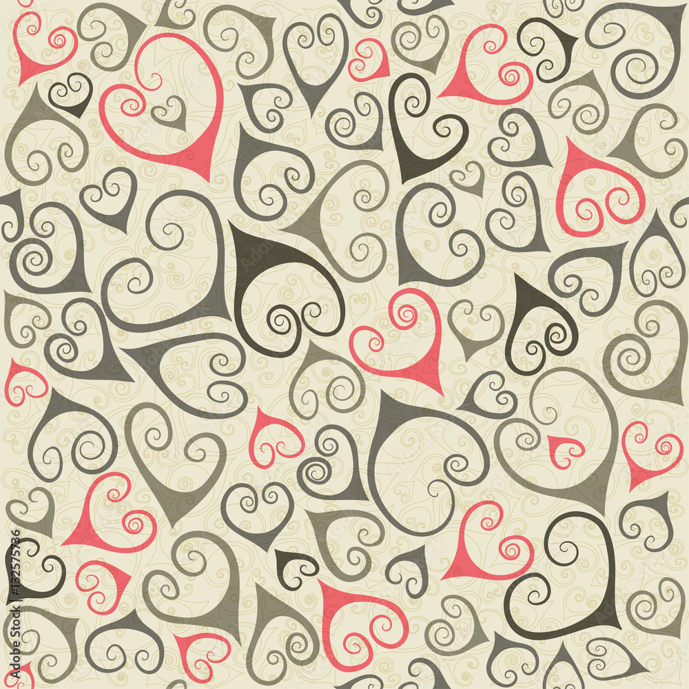 Naklejka premium Seamless pattern of gray and pink hand drawn stylized hearts with flourishes on light background. Concept for Valentine's Day on 14 February or wedding.