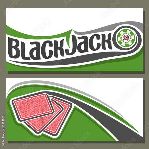 Vector illustration of Black Jack: flying playing cards back for gambling game on green blackjack table in casino club, horizontal banner for black jack gamble tournament, 3 abstract red card and chip