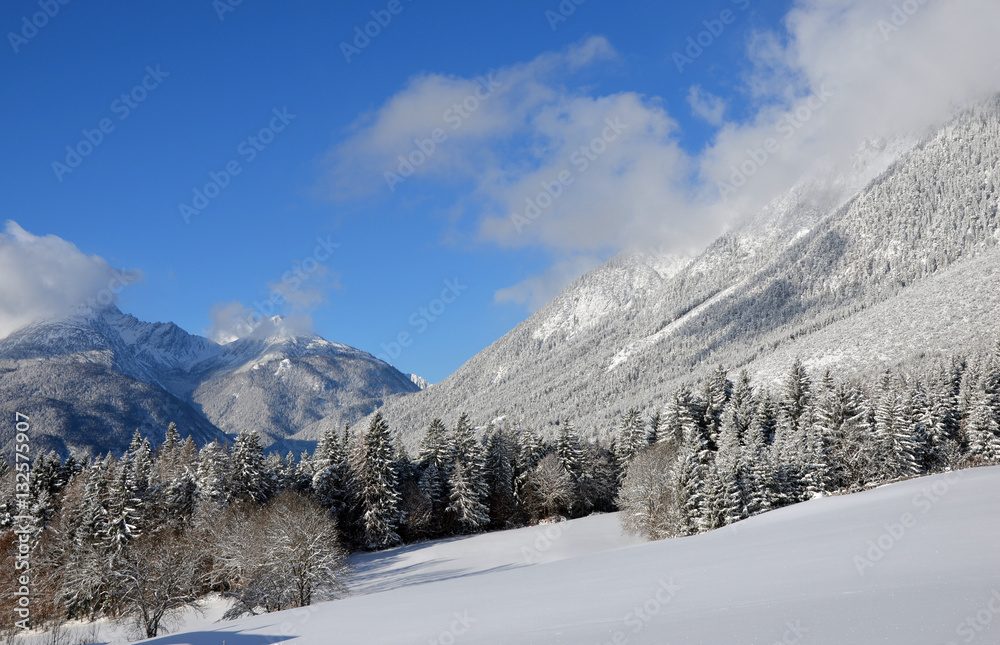 Snow-covered Mountains of the Marienberg (Biberwier), View from Obsteig in Tirol, Austria)  in Winter