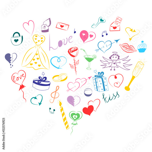 Hand Drawn Set of Valentine's Day Symbols. Children's Funny Doodle Drawings of Colorful Hearts, Gifts, Rings, Balloons Arranged in a shape of Heart. Sketch Style. Vector Illustration.