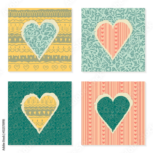 Vector set of vintage templates on Valentine's Day 14 February. Hearts of torn patterned festive paper. Seamless ornament in the background. Turquoise, blue, yellow, pink colors.
