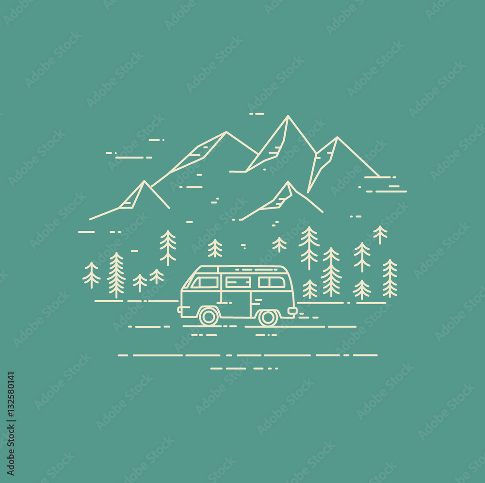 Road trip vector flat line illustration on green background.