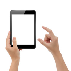hand holding mock-up digital tablet and finger isolated element
