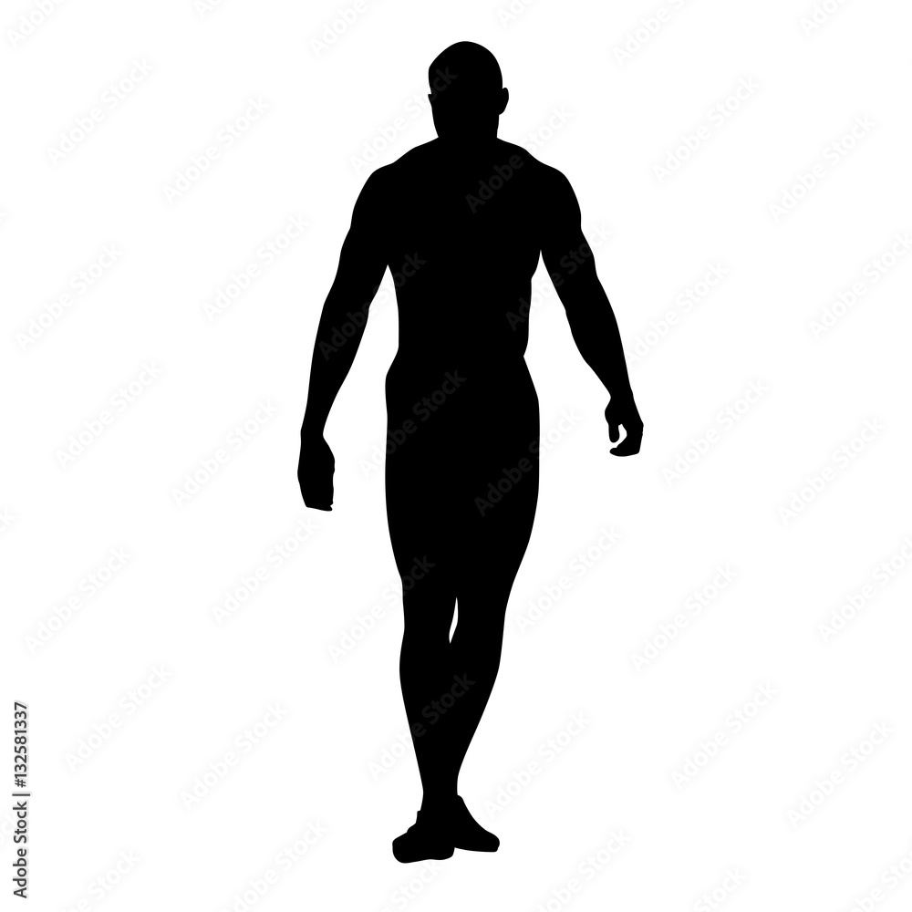 Muscular man standing and posing, vector silhouette