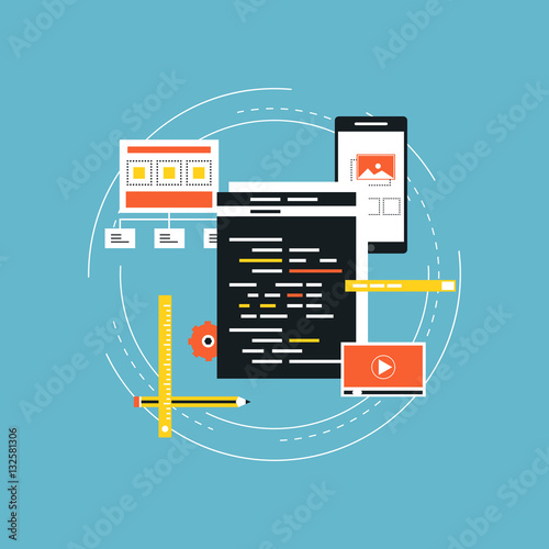 Software API prototyping and testing for smartphone flat vector illustration design. Smartphone user interface building process, API coding for phone concept