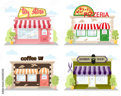 Set of front facade buildings: toy store, cafe pizzeria and barber shop with a sign, awning and symbol in shopwindow. Abstract image in a flat design. Vector illustration isolated on white background