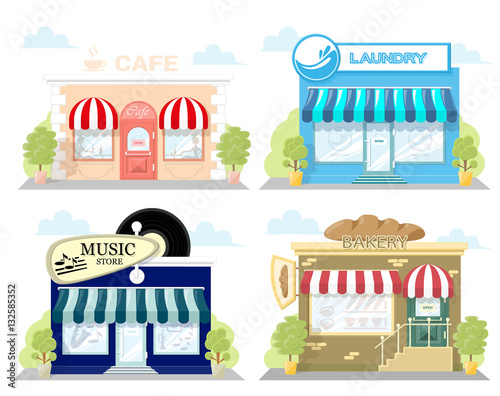 Set of front facade buildings: music store, cafe, laundry and bakery with a sign, awning and symbol in shopwindow. Abstract image in a flat design. Vector illustration isolated on white background