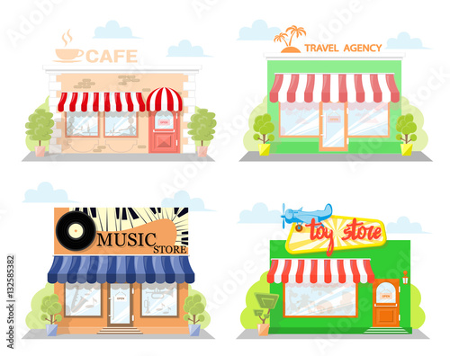 Set of front facade buildings: music store, cafe, toy store and travel agency with a sign and symbol in shopwindow. Abstract image in a flat design. Vector illustration isolated on white background