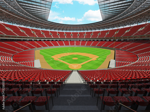 3D render of baseball stadium with red seats and VIP boxes photo