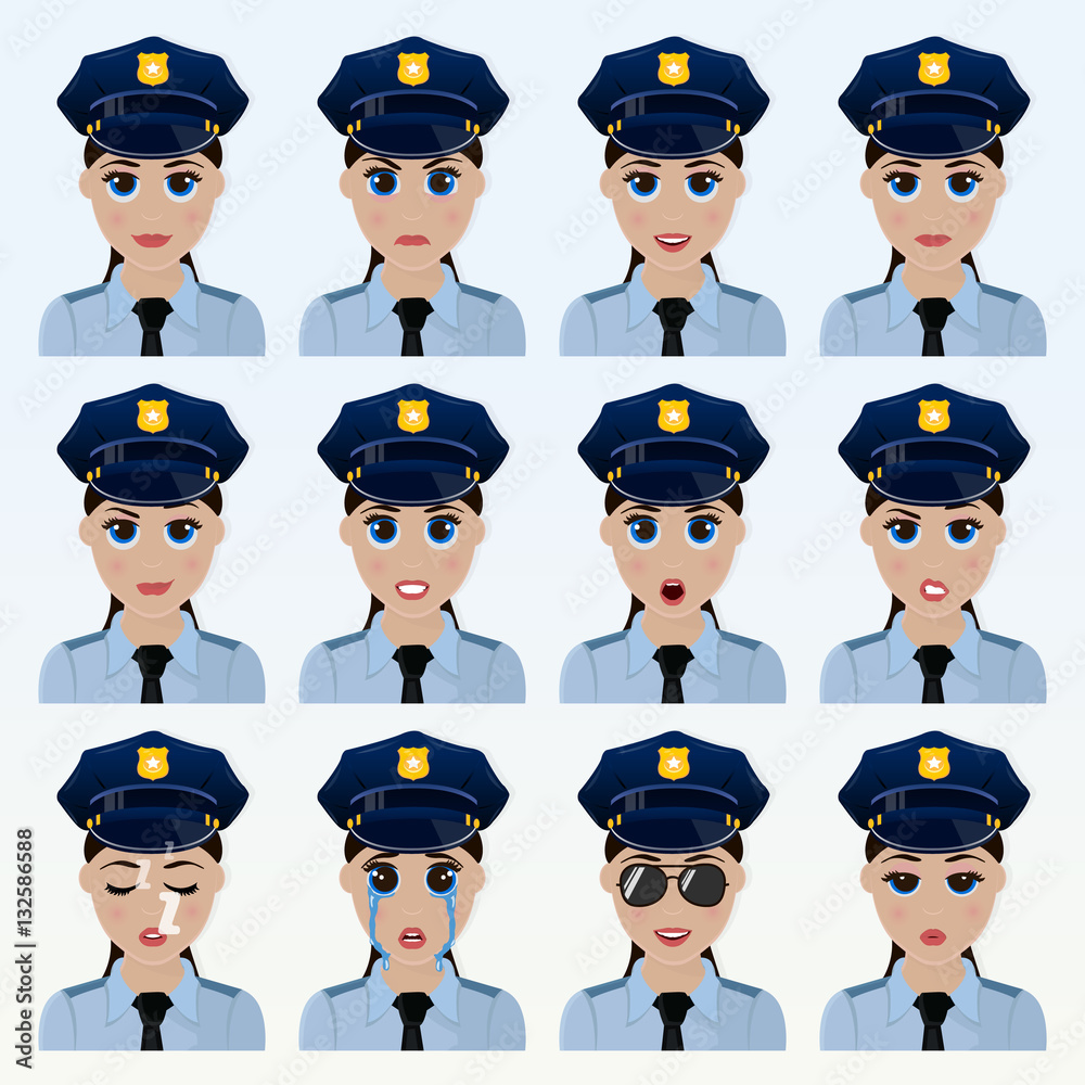 Set of cute police officer woman emoticons.