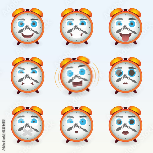 Set of cute alarm clock emoticons.