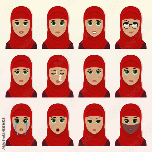 Set of cute arab woman emoticons.