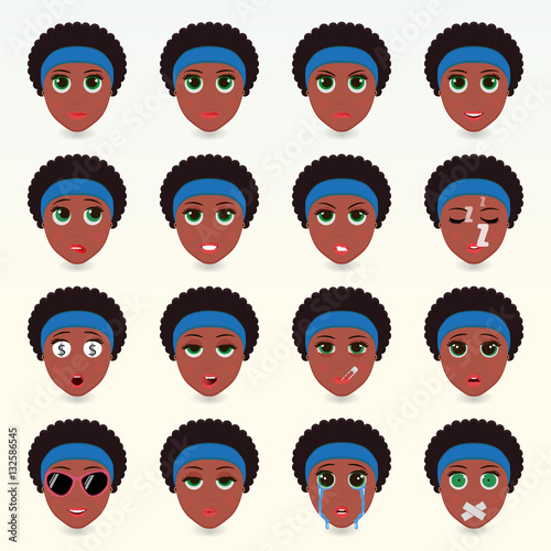 Set of cute african-american women emoticons.