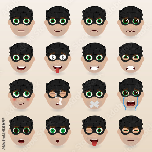 Set of cute thief emoticons.